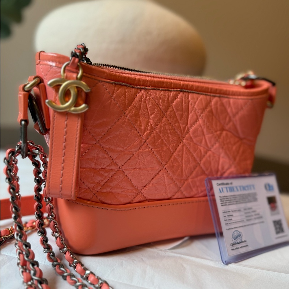 CHANEL Coral Orange Gabrielle Small Hobo Crossbody Bag in Quilted Aged Calfskin